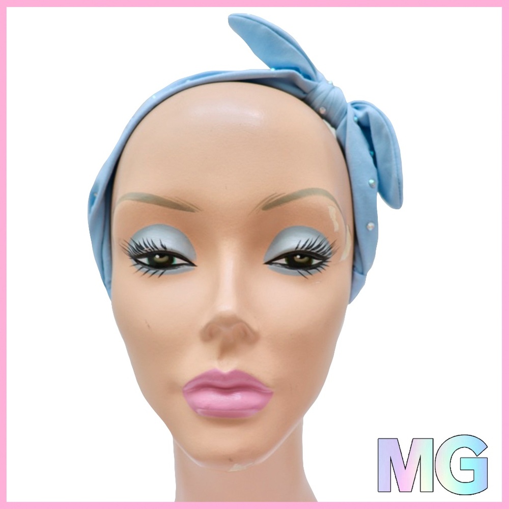 💎 Light Blue Headband with Rhinestones + Bow